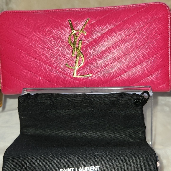 Saint Laurent Handbags - Saint Laurent Pink Quilted Leather Zip Wallet with Gold YSL Logo